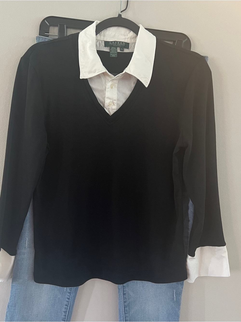 Ralph Lauren Black V-Neck Pullover with White Shirt Collar